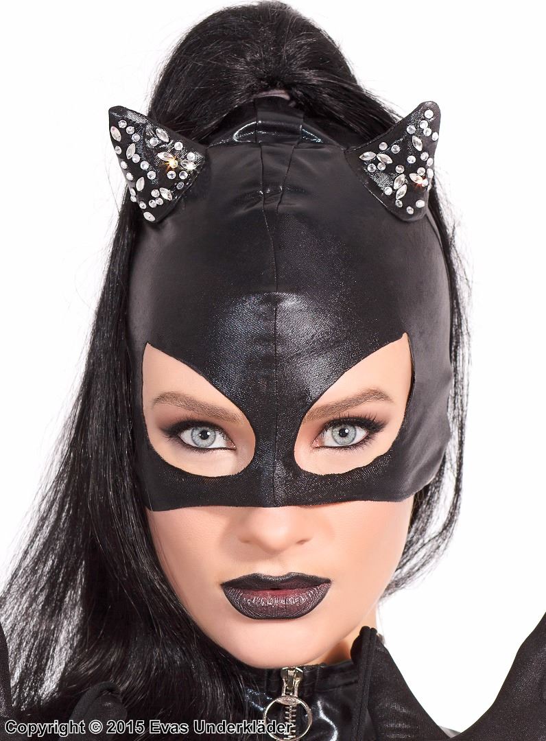 Catwoman, kostyme-maske, wet-look, strass, ører